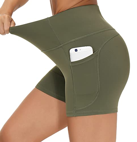 High Waist Yoga Shorts with Pockets (Olive Green) (Medium)