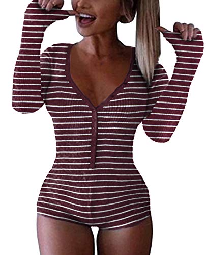 Women's Deep V Long Sleeve Knitted Bodysuit - (Medium) (Wine Red Stripe)