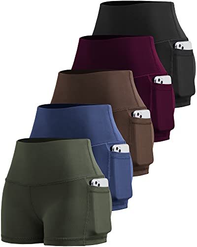 Spandex Shorts with Pockets (5 pack) - (Black/Red Merlot/Brown/Navy/Army Green) (Medium)