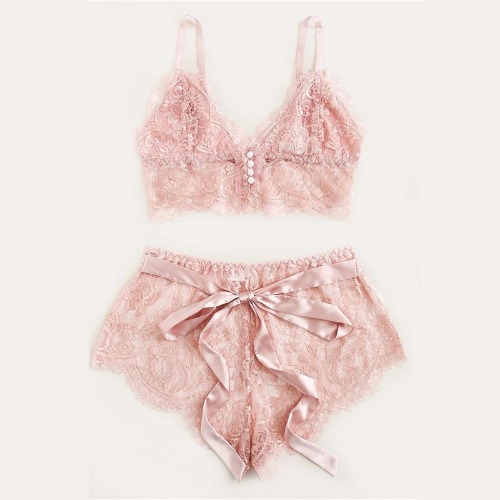 Melissa Pink Scalloped Floral Lace Lingerie Set | Pink / M