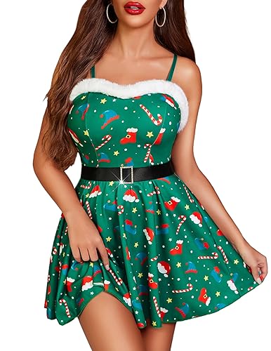 Avidlove Womens Christmas Lingerie Santa Babydoll Chemise Negligees Halter Sleepwear Nightgown - XX-Large - Green Pattern