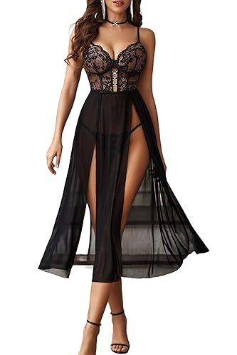 Avidlove Sexy Lingerie for Women Lace Mesh Babydoll Sleepwear Side Split V Neck Nightgown for Honeymoon Anniversaries - XX-Large - Black