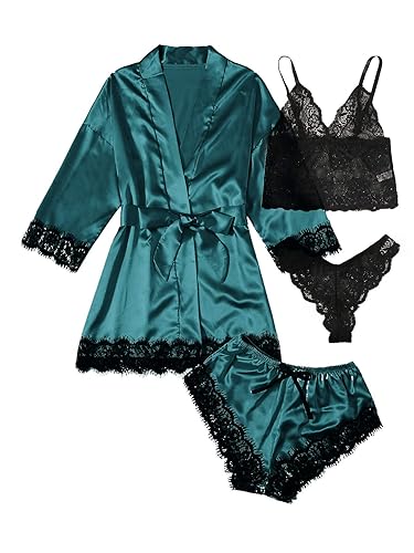 SOLY HUX Women's Satin Pajama Set 4pcs Floral Lace Trim Cami Lingerie Sleepwear with Robe - 3X-Large - Deep Green
