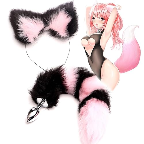 Fox Anal Plug Set Faux Fur Cat Wolf Tail Anal Plug Tail Choker Nipple Clamps Anal Butt Plug Set Adults Plush Tail Cosplay Costume for Women Sex Pleasure Black Pink Butt Plug Tail - BLACK PINK