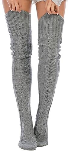 Leoparts Women's Cable Knitted Thigh High Boot Socks Extra Long Winter Stockings Over Knee Leg Warmers - 626-gray - One Size
