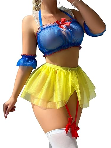 Mixxmix Cosplay Lingerie for Women Snow White Lingerie 7 Piece Sexy Roleplay Costumes with Stockings - XX-Large