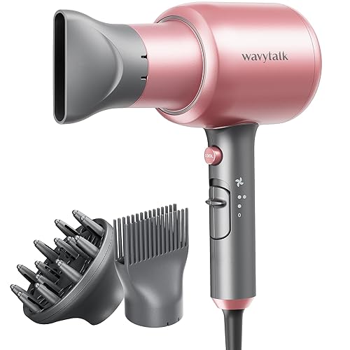 Wavytalk Ionic Hair Dryer Blow Dryer with Diffuser & Comb for Curly Hair Professional 1875W High Power Dryer with Ceramic Technology for Fast Drying as Salon Light and Quiet - Cyber Rose Pink (Comb+diffuser+nozzle)