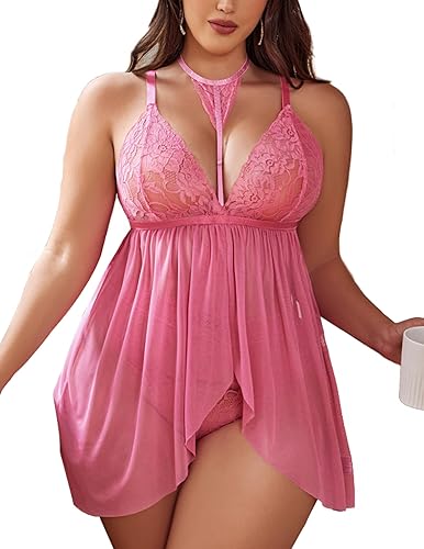 Avidlove Plus Size Lingerie for Women Sexy Lace Babydoll Mesh Choker Sleepwear L-5XL - XX-Large - Pink