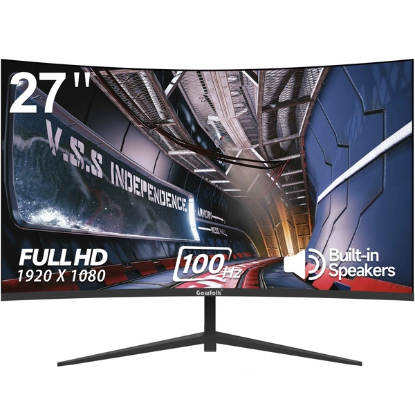 Gawfolk Monitor 27 inch 100Hz Curved Computer Monitor ， FHD(1920×1080p) Built-in Speakers Gaming Monitors ，HDMI+VGA， Tilt Adjustable ，VESA Compatible，Black