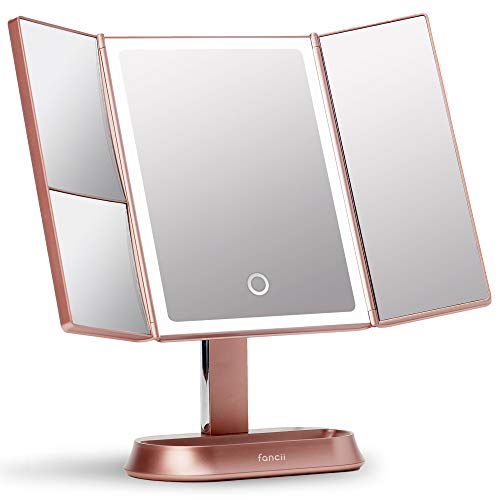 Fancii Makeup Mirror with Natural LED Lights, Lighted Trifold Vanity Mirror with 5X & 7X Magnifications - 40 Dimmable Lights, Touch Screen, Cosmetic Stand - Sora (Rose Gold) - Rose Gold