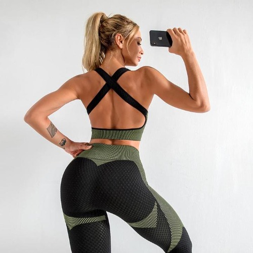 Jacquard Seamless Sports Bra - Black Green / S
