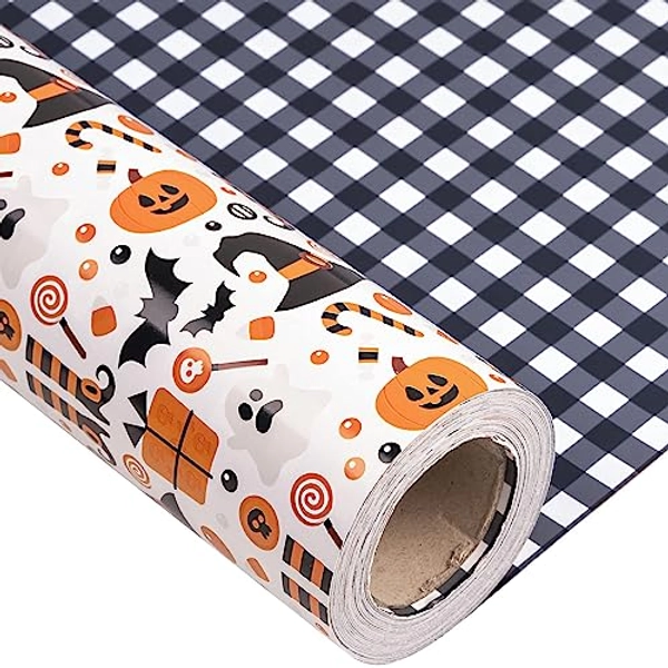 LeZakaa Reversible Halloween Wrapping Paper - Jumbo Roll - Pumpkin, Witch Hat & Black and White Plaid - 24 inches x 100 Feet (200 sq.ft.)