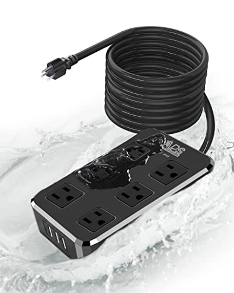 IPX6 Outdoor Power Strip Weatherproof, Waterproof Surge Protector with 6 Wide Outlet with 3 USB Ports, 10FT Long Extension Cord, Wall Mountable for Outside Decorations and More UL Listed(Black) - Black 6 Outlets (10FT)