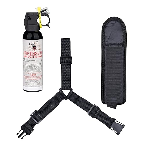 SABRE Frontiersman 7.9 fl oz. Bear Spray, Maximum Strength 2.0% Major Capsaicinoids, Powerful 30 ft. Range Bear Deterrent, Outdoor Camping & Hiking Protection, Quick Draw Holster & Multipack Options - Bear Spray with Chest Holster - Bear Spray