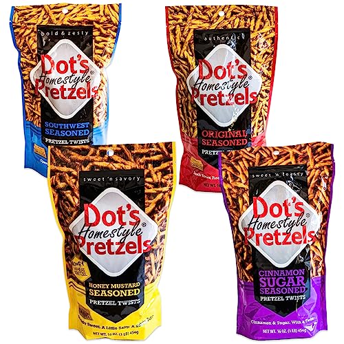 Dot's Cinnamon Sugar Pretzel Twists - Variety Pack - Original, Honey Mustard, Southwest - 4, 16oz Bags