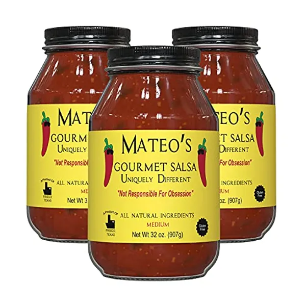 Mateo’s Gourmet Salsa - Medium Hot Spicy Salsa Dip for Tortillas, Tacos, Nachos, Chips, Snacks, Salads - No Gluten, Made of Fresh Tomatoes & Jalapeno Peppers - Product of Frisco, Texas - 3-Pack 32oz - 2 Pound (Pack of 3)