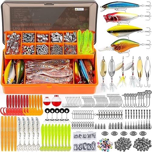PLUSINNO 353/404 PCS Fishing Lures, Upgrade Fishing Tackle Box with Tackle Included, Crankbaits, Hooks, Weights, Other Accessories, Fishing Lure Bait Gear Equipment Kit Gift for Men Freshwater Bass - 353 Pcs Fishing Tackle Kit