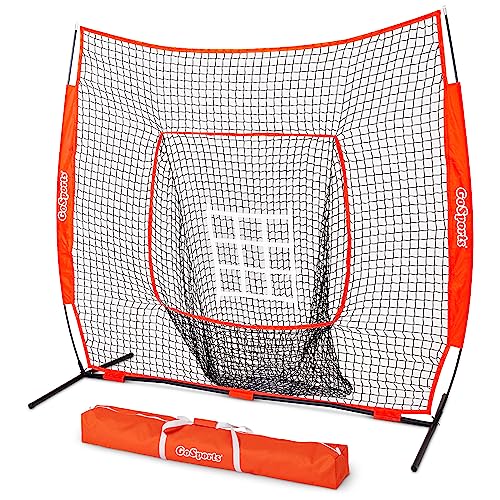 GoSports 7 ft x 7 ft Baseball & Softball Practice Hitting & Pitching Net with Bow Type Frame, Carry Bag and Strike Zone - Choose Red, Black, or PRO, Great for All Skill Levels - Red