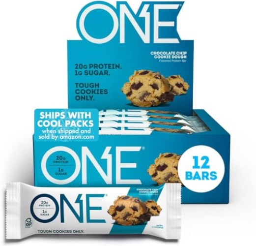 ONE Protein Bars, Chocolate Chip Cookie Dough, Gluten Free Protein Bars with 20g Protein and 1g Sugar, Pantry Staples, 2.12 oz (12 Pack) - Chocolate Chip Cookie Dough