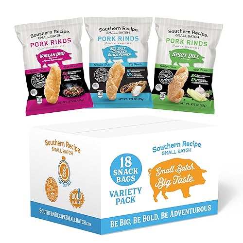 Pork Rinds Variety Pack | Salt & Pepper, Korean BBQ, & Spicy Dill | Southern Recipe Small Batch Chicharrones | Keto Friendly & Low Carb | Snack Bag (18 Count)