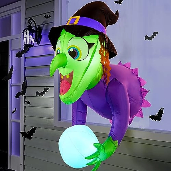 Joiedomi 4.5 ft Halloween Inflatable Witch Broke Out from Window with Crystal Ball, Halloween Blow Up Witch with Built-in Color Changing LED for Window Decor, Outdoor Yard Garden Lawn Holiday Decor - Inflatable Witch