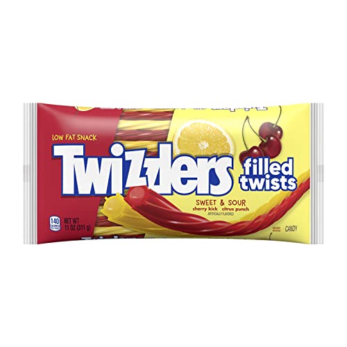 TWIZZLERS Filled Twists Sweet and Sour Cherry Kick Citrus Punch Flavored Chewy Candy, Bulk, Low Fat, 11 oz Bags (12 Count) - 11 Ounce (Pack of 12) - Red