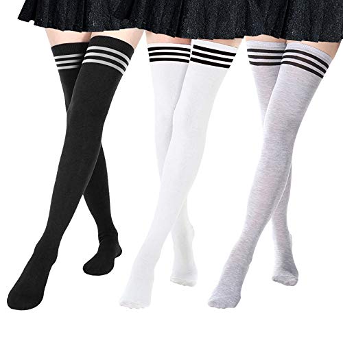 DRESHOW Mujer Extra Largos Calcetines Hasta la Rodilla Cosplay Casual Sobre la Rodilla Medias Hasta el Muslo - 3 Pairs Stripes: Black,grey,white - 3