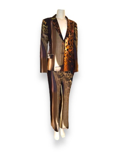 Vtg ROBERTO CAVALLI Pant Suit Abstract Animal Print Multi Brown size 44 US 8/M