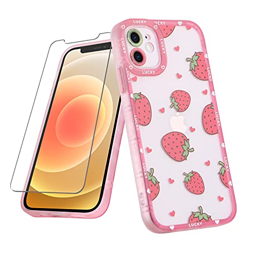 MZELQ Compatible with iPhone 12 Case Red Strawberry Cute Pattern, Soft TPU iPhone 12 Case for Girls Women + 1* Screen Protector, Camera Hole Protective for iPhone 12 Case 6.1 inch - iPhone 12