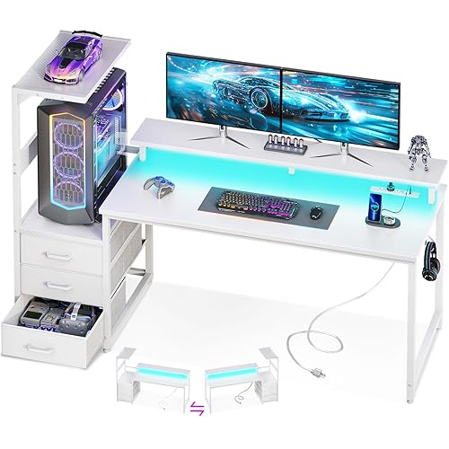 AODK 59 Inch Gaming Desk with USB Charging Ports & LED Light- Reversible Computer Desk with Storage Shelves & Monitor Stand, Modern Gamer Desk Table with Fabric Drawers & Side Hook, Carbon Fiber White - Carbon Fiber White