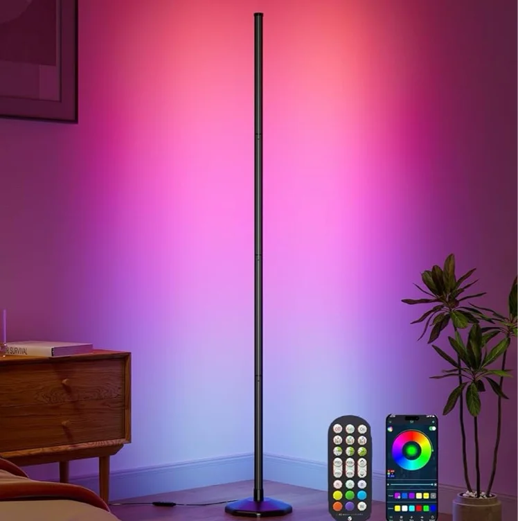 Corner Floor Lamp - Smart RGB LED Corner Lamp with App and Remote Control, 16 Million Colors & 68+ Scene, Music Sync, Timer Setting - Ideal for Living Rooms, Bedrooms, and Gaming Rooms - 56" Black 1PCS