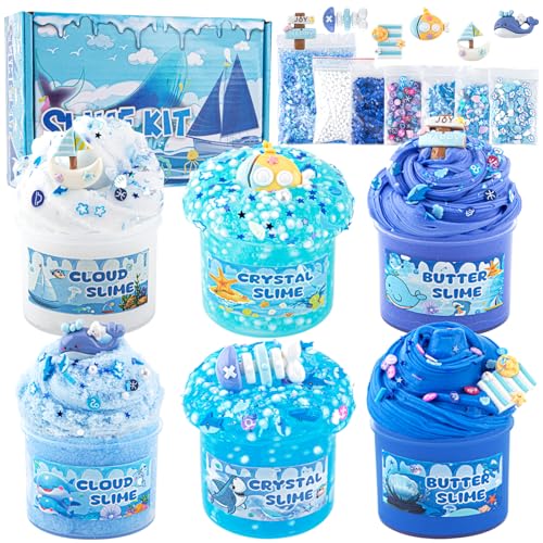 6 Packs Gradient Blue Slime Kit - Cloud Slime, Butter Slime & Clear Slime, Crunchy Slime for Kids with Various Slime Add-ins, Non Sticky Slime Party Favors for Girls and Boys, 360ml Kids Slime (Ocean) - Ocean