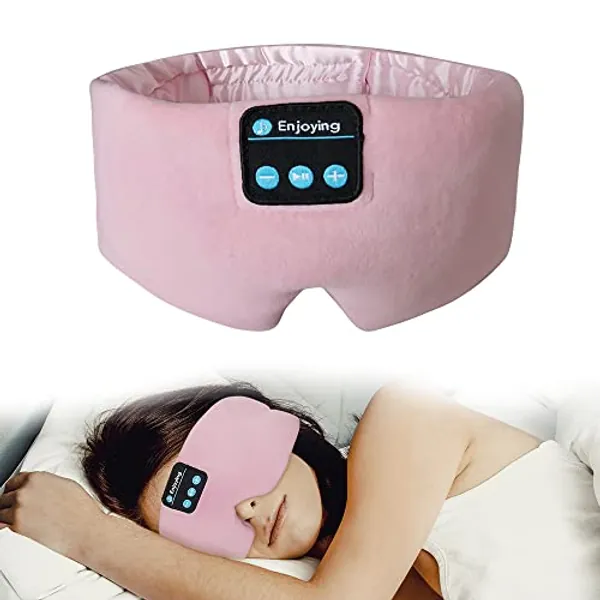 Sleep Headphones Bluetooth Eye Mask, Soft Wireless Headband with Ultra-Thin Headset, Silk Sleep Mask Music Travel Adjustable Eye Cover for Women Side Sleepers (Pink)