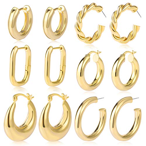 6 Pairs Gold Chunky Hoop Earrings Set for Women Hypoallergenic Thick Open Twisted Huggie Hoop Jewelry for Birthday/Christmas Gifts - Gold1-6 pairs