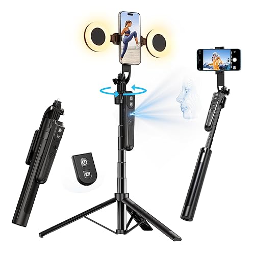 yAyusi Extendable Auto Face Tracking Tripod 360° Rotation with Light, No App, 70.9" Motion Sensor Phone Tripod Stand, Face Body Phone Camera Mount Gesture Control for Vlog/Live Stream/Video Recording