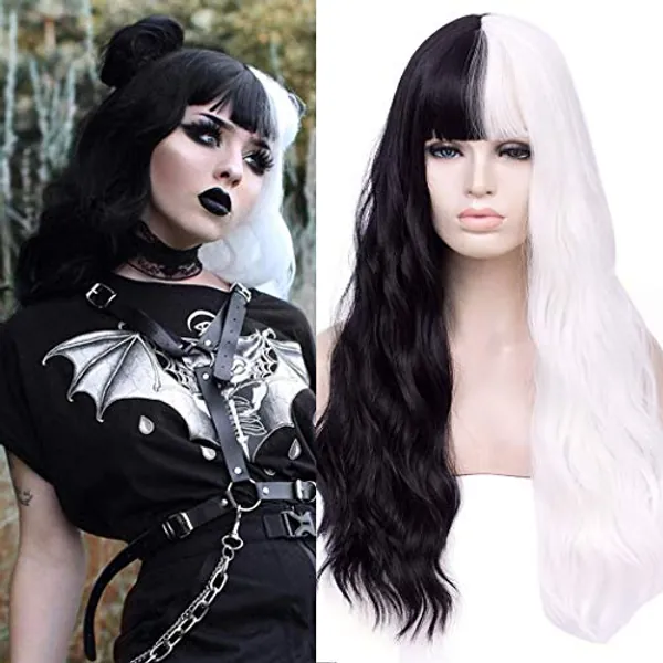 Long Black white wig, TANTAKO Long Half Black Half White Synthetic Women Wig for Halloween Cosplay (Black White)