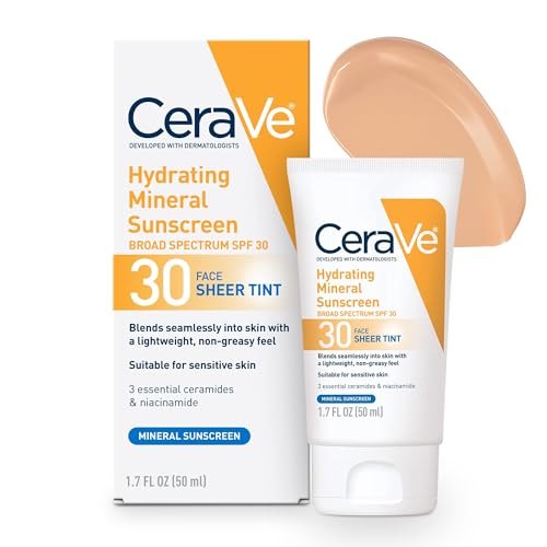 CeraVe Hydrating Mineral Sunscreen with Sheer Tint | Tinted Mineral Sunscreen with Zinc Oxide & Titanium Dioxide | Blends Seamlessly For Healthy Glow | Tinted Moisturizer with SPF 30 | 1.7 Fluid Ounce - Fragrance Free