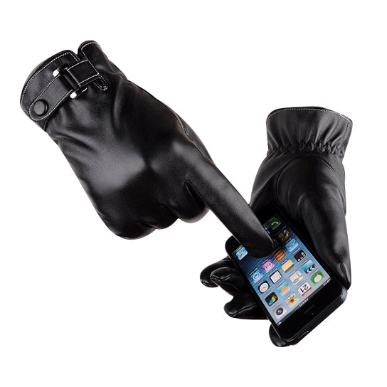 Autumn Warmth Stylish Vegan Leather Touch Smart Gloves - BLACK