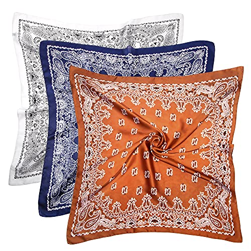 DOOBO 3 Pcs 27.5 Inches Satin Head Scarf Hair Scarf Silk Head Scarf Silk Bandana Silk Hair Wrap Neck Scarf for Women Girls - Caramel,blue,white