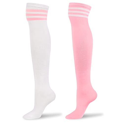 LittleForBig Knee High School Girl Long Striped Tube Stockings College Style Socks 2 Pairs - White and Pink