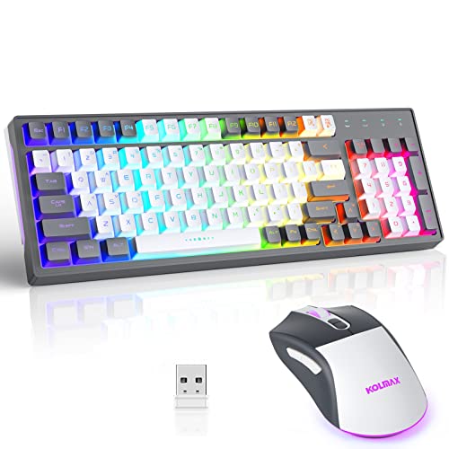 CK98 Wireless Gaming Keyboard and Mouse Combo,Rechargeable RGB Grey Gaming Keyboard RGB Backlit 98 Keys Mechanical Feeling Dual Color Keyboard and Gaming Mouse 3200DPI for PC Mac Gamers(GreyWhite) - GreyWhiteCombo