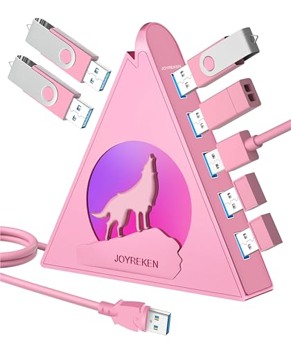 JoyReken Howling Wolf USB Hub - 7 USB 3.0 Ports - Pink - Plug and Play - 2ft/1.2m Long Cable, for Laptop, PC, Flash Drive, HDD, Console, Printer, Keyborad, Mouse and More(Charging Not Supported)… - Pink