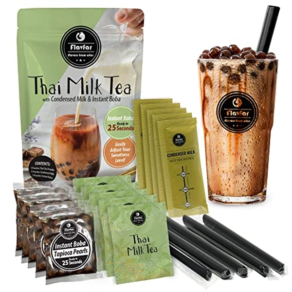 Flavfar Thai Milk Tea with Instant Tapioca Pearls - Authentic Bubble Tea Kit with Low Calorie, Brown Sugar Boba & Sweetened Condensed Milk -Made in Taiwan - 5 Pack