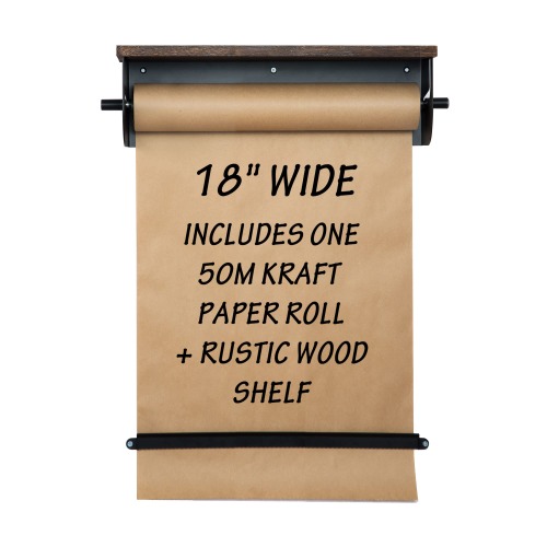 Rawsons Wall-Mounted 18" Kraft Paper Roll Dispenser w/Cutter – Includes 50m Kraft Paper Roll & Rustic Wood Shelf Perfect for Artwork, to-Do Lists, Ideas Ideal for Home, Office, Business Use - 18 Inches