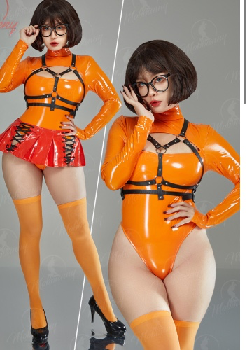 Velma Derivative Sexy Lingerie Costume Outfit Orange Chest Open Bodysuit and Lace-up Mini Skirt with Socks