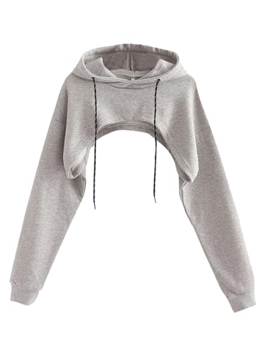 Remidoo Women Super Crop Top Pullover Sweatshirt Long Sleeve Drawstring Hoodie - X-Large - Gray
