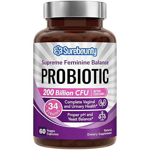 Surebounty Women's Probiotic, 200 Billion CFU, Prebiotics + Digestive Enzymes + Cranberry, Complete Vaginal & Urinary Tract Health, Maintain pH & Yeast Balance, 60 Caps - 200 Billion CFUs for Women 60 Count