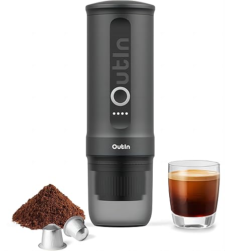 Outin Nano Portable Electric Espresso Machine, Travel Coffee Maker for Camping, Car Coffee Maker Self-Heating with USB-C, With Ground Coffee & NS Capsule for RV, Hiking, Office - Space Grey