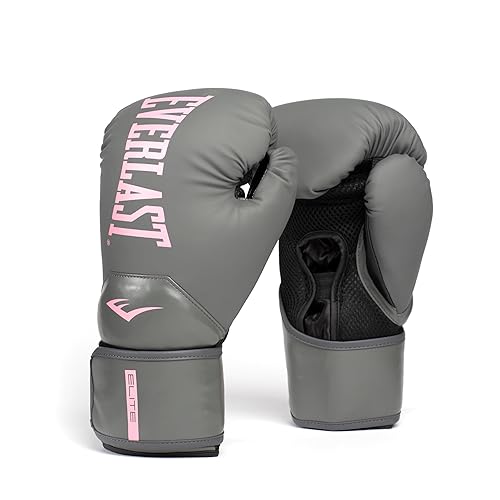Everlast Elite 2 Boxing Gloves, Pro Training Gloves for Men and Women, Secure Fit Hook and Loop Closure & Ventilation, Heavy Bag & Speedbag Training. - 12oz - Grey/Pink