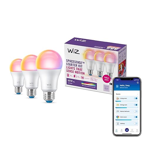 WiZ 60W A19 Color LED Smart Bulb - Pack of 3 - E26- Indoor - Connects to Your Existing Wi-Fi - Control with Voice or App + Activate with Motion - Matter Compatible - Basic - 3 Pack